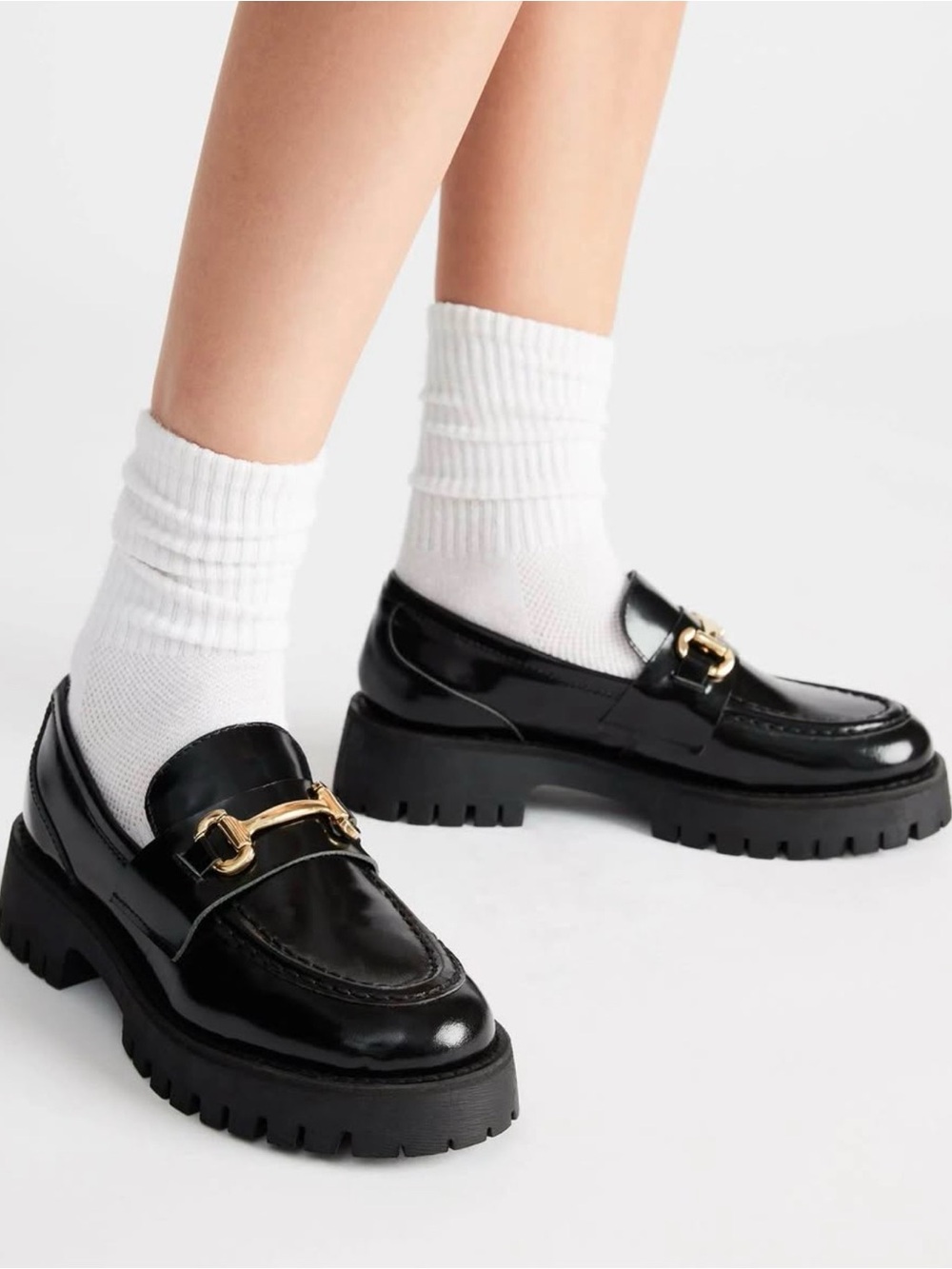 Steve Madden Black Patent Chunky Loafers with Gold Hardware